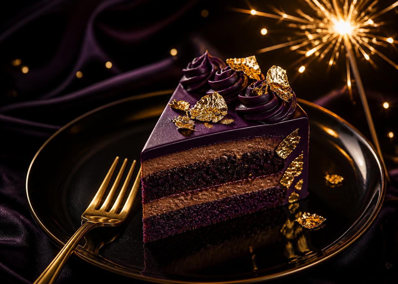 Slice of deep purple cake with gold leaf and a gold fork