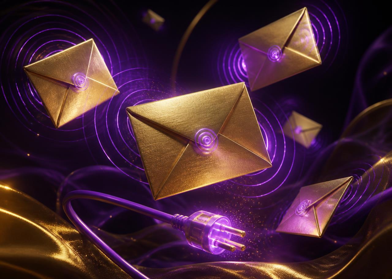 Gold envelopes floating with purple signal ripples and a glowing purple plug